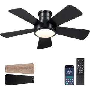 Ceiling Fans with Lights,Modern Low Profile Ceiling Fan with Remote Control,5 Dual-Sided Blades,Reversible DC Motor,40" Black Small Flush Mount Ceiling Fan for Bedroom Indoor/Outdoor Use
