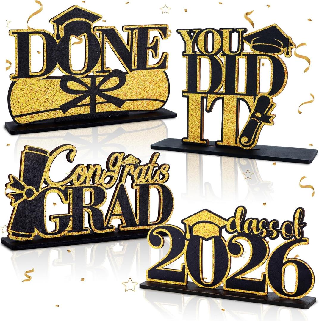 4 Pieces 2026 Graduation Party Decorations Wooden Class of 2026 Table Toppers,Photo Booth Props,Party Favor Supplies for High School/College Graduation (Black Gold)