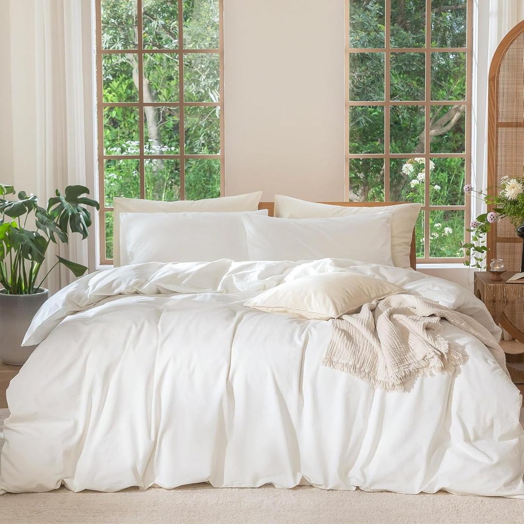 MooMee Bedding Duvet Cover Set 100% Washed Cotton Linen Like Textured Breathable Durable Soft Comfy (Solid Off White, King 104"x90")