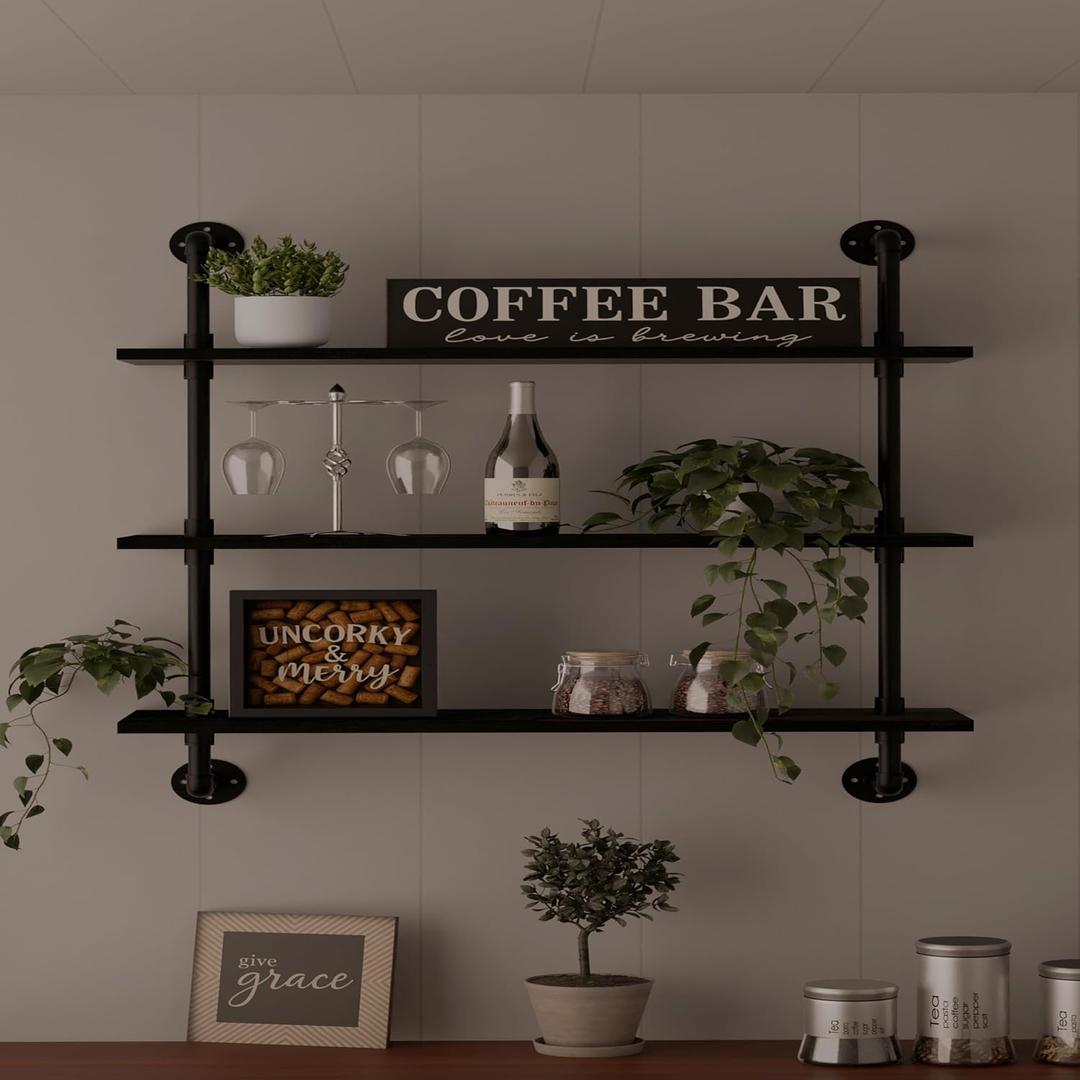 HDDFER Industrial Pipe Shelf Shelving Bookcase, Wall Mounted Rustic Bookshelf, Floating Bookshelves for Wall,Retro Wood Metal Pipe Industrial Shelves for Living Room, 3tier36in