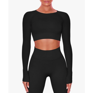 Buttergene Women Workout Sets 2 Pieces Long Sleeve Yoga Outfits Gym Clothes Seamless Ribbed Crop Top High Waist Leggings S