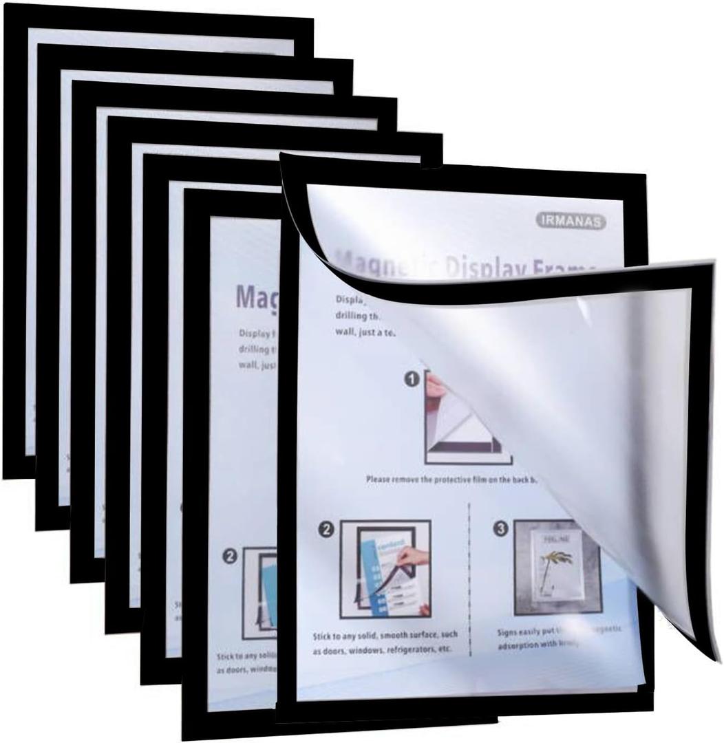 Magnetic Sign Holder 8.5 x 11 Wall Mount, Self-Adhesive Magnetic Sign Holder Durable PVC Waterproof Clear Display for Home, School, Office Wall, Store, Display Frame 6 Pack Black