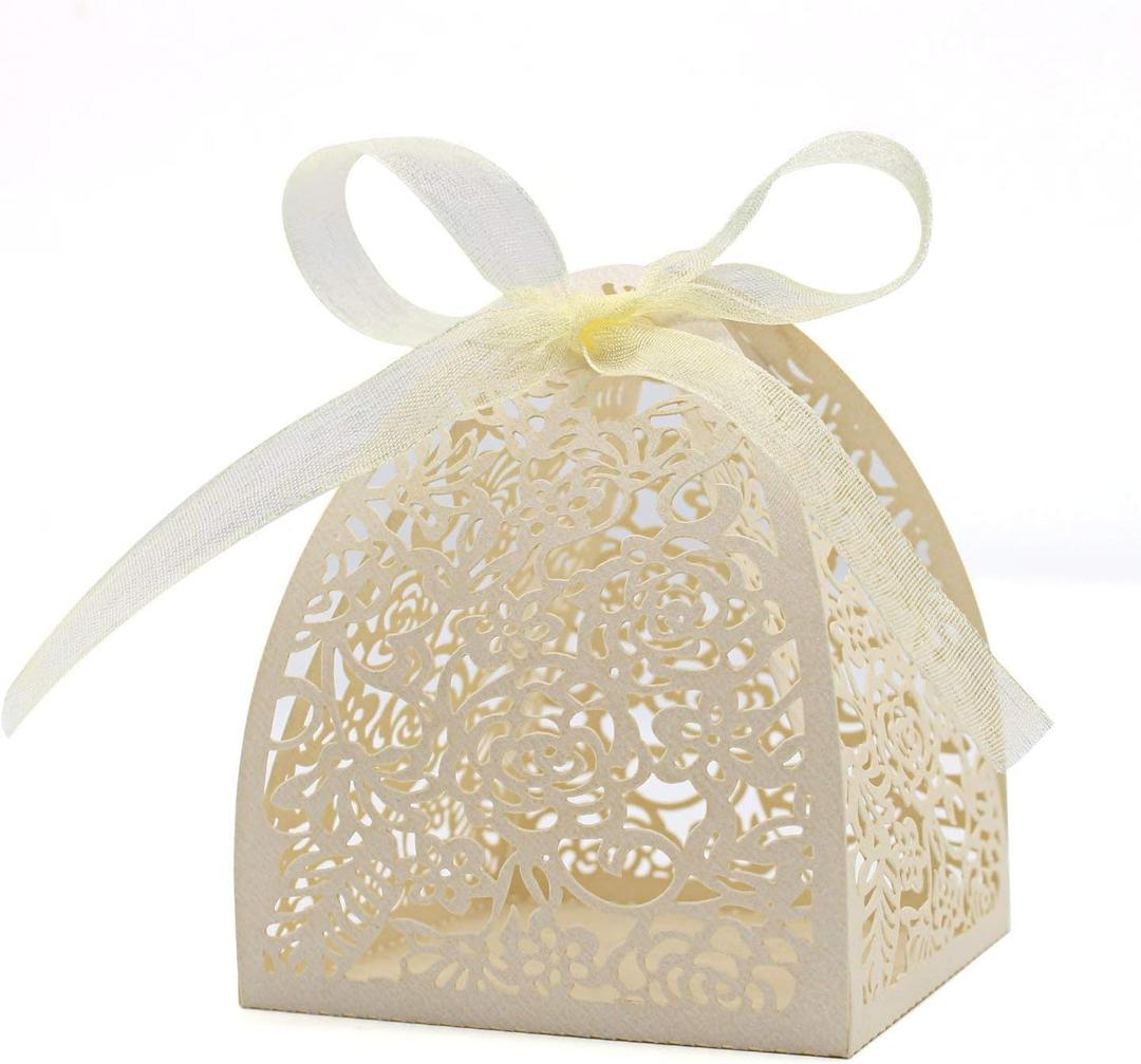 KPOSIYA Pack of 100 Laser Cut Rose Candy Boxes, Favor Boxes 2.5"x 2.5"x 3.1", Gift Boxes Bridal Shower Anniverary Birthday Party Wedding Favor (100,Beige)