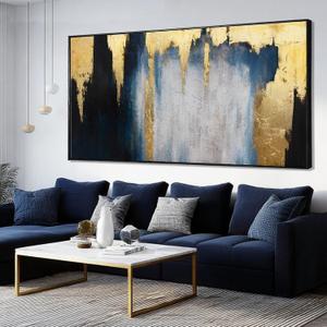 Large Framed Blue Gold Abstract Canvas Wall Art for Living Room 29x58 Inch