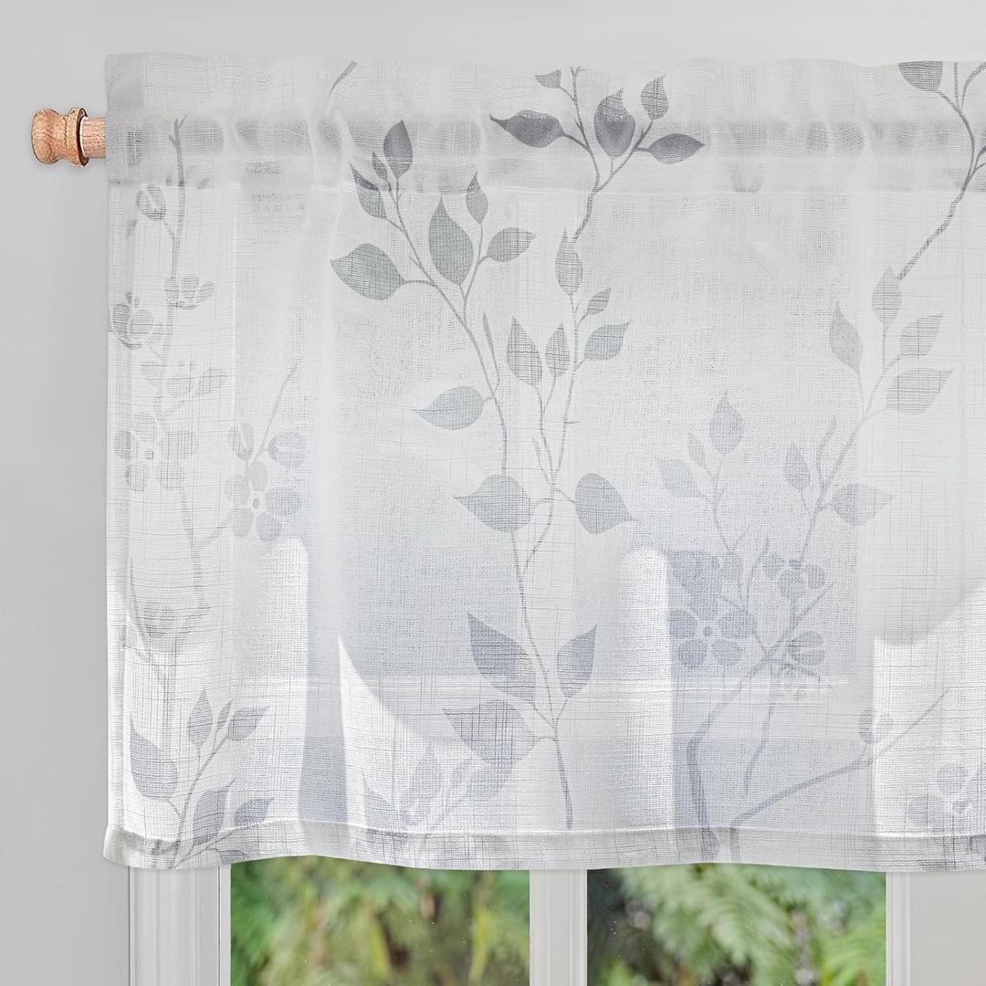 Beauoop Linen Floral Valance Curtains for Kitchen Living Room Grey Flower Semi Sheer for Bedroom Cafe Farmhouse Light Filtering Rod Pocket Voile Small Window Treatment Drapes, 50x18, 1 Panel