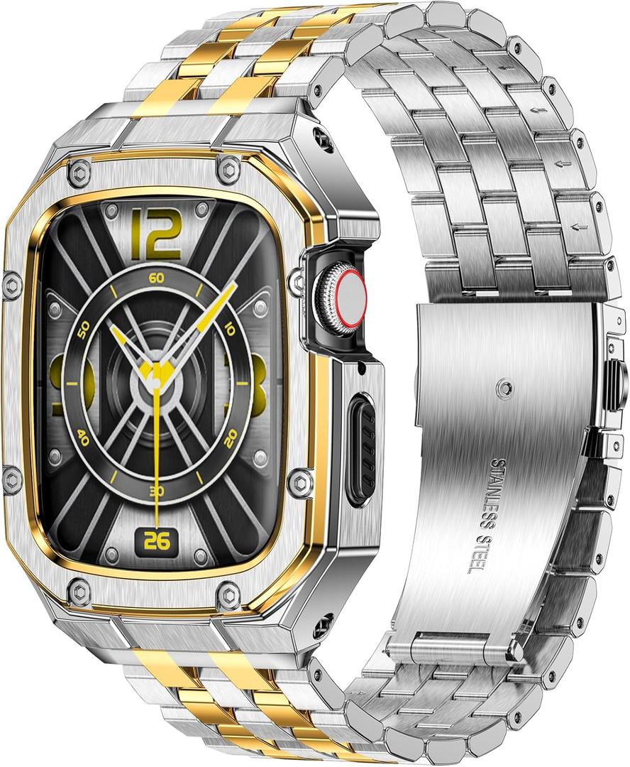 MioHHR Stainless Steel Watch Case with Bands Compatible with Apple Watch Band 44mm 42mm (Series 3/2/1), Metal Cover Bumper with iWatch Bands for Apple Watch Series 6/5/4/3/2/1,SE 3/2/1, Silver/Gold