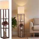 HomeFocus - Floor Lamp with Shelves, Shelf Floor Light with LED Bulb, Modern Wood Shelf Standing Lamp, Corner Display Floor Lamp for Living Room, Bedroom, Office, Linen White Shade, Wood, Brown.