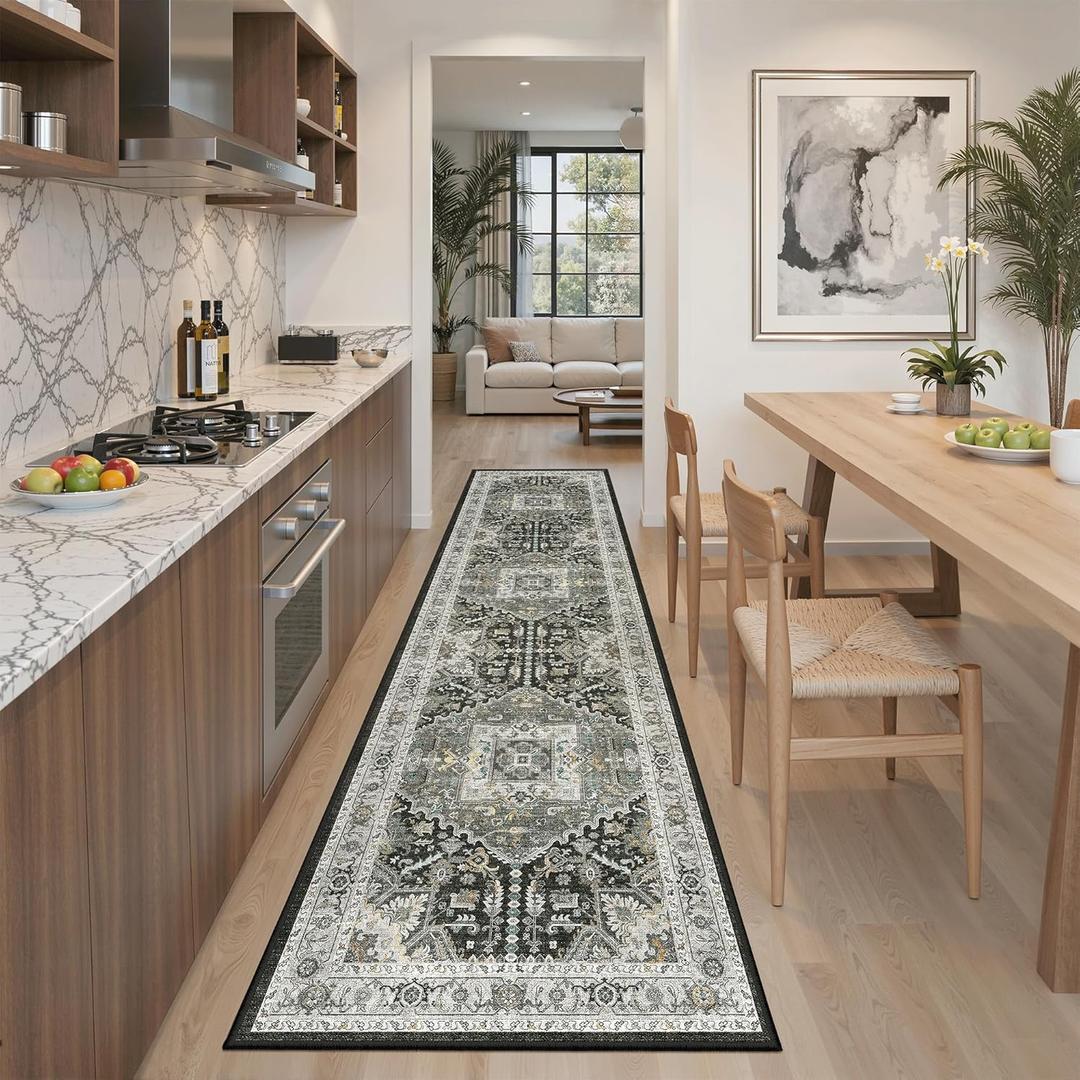 Madane Washable Runner Rug 2x8, Runners for Hallways Non-Slip Kitchen Runner Rugs Ultra-Thin Laundry Room Carpet Runner for Entrance Living Dinning Room Foyer, Grey Green/Black Olive