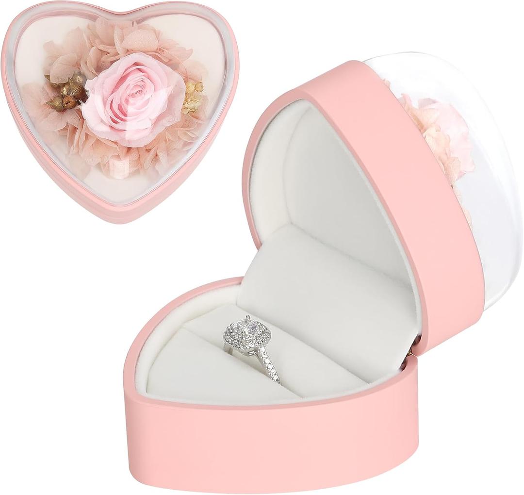 2 x LETURE Creative Heart Shaped Ring Gift Box with Flower, Velvet Earrings Jewelry Case, Jewellry Display Box for Wedding, Engagement, Proposal, Birthday and Anniversary (Pink)