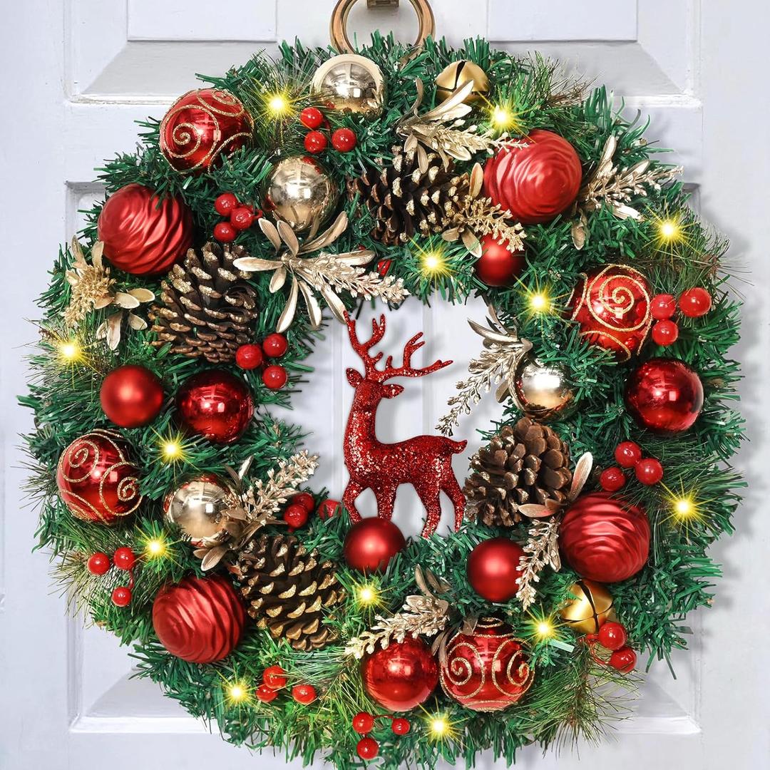 2 Pack Christmas Wreath - 16" Christmas Wreaths for Front Door Red Christmas Reindeer Balls Berries Pine Cones Pine Needles Door Wreath for Home Wall Window Porch Indoor Outdoor Decor