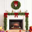 2PCS 9FT Christmas Garland with 6 Red Bows Norfolk Pine Garland, Real Touch Artificial Faux Greenery Garland for Mantle Fireplace, Table Staircase Indoor Outdoor Decor