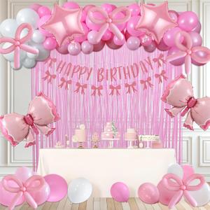 Pink Bow Birthday Party Decorations for Girl Women, Balloon Arch Kit Include Pink and White Bow Balloons Happy Birthday Banner Fringe Curtain Coquette Party Decorations