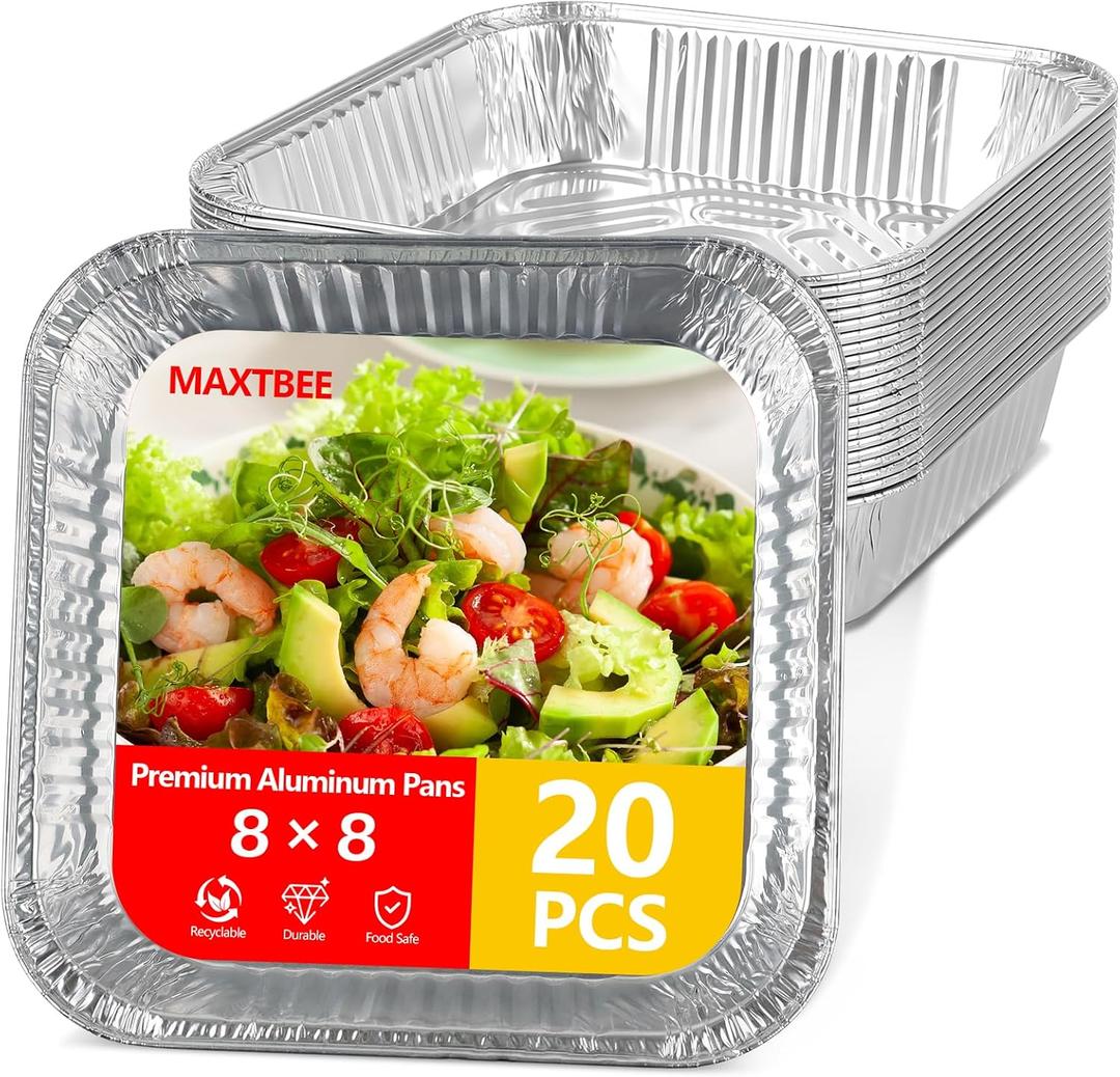 8x8 Aluminum Foil Pans, 20 Pack Disposable Trays Half Size Heavy Duty Tin Pans Deep Food Containers For Cooking, Meal Prep, Baking, Roasting, Chafing, Heating or Steam Table
