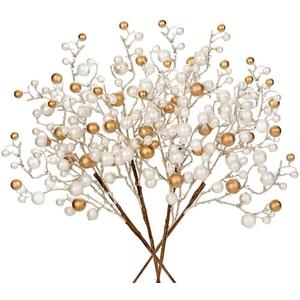 Hollyone 4 Pack Artificial Christmas Glitter Berries Stems, 19 Inch Fake White and Gold Holly Berry Picks with Ice Snow for Christmas Tree Wreath Floral Arrangements Holiday Home Vase DIY Crafts Decor