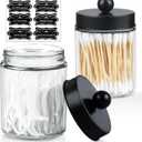 2 Pack Glass Apothecary Jars with Lids and Labels - Bathroom Counter Storage Jars, Qtip Holders Vanity Countertop Canisters (Clear)