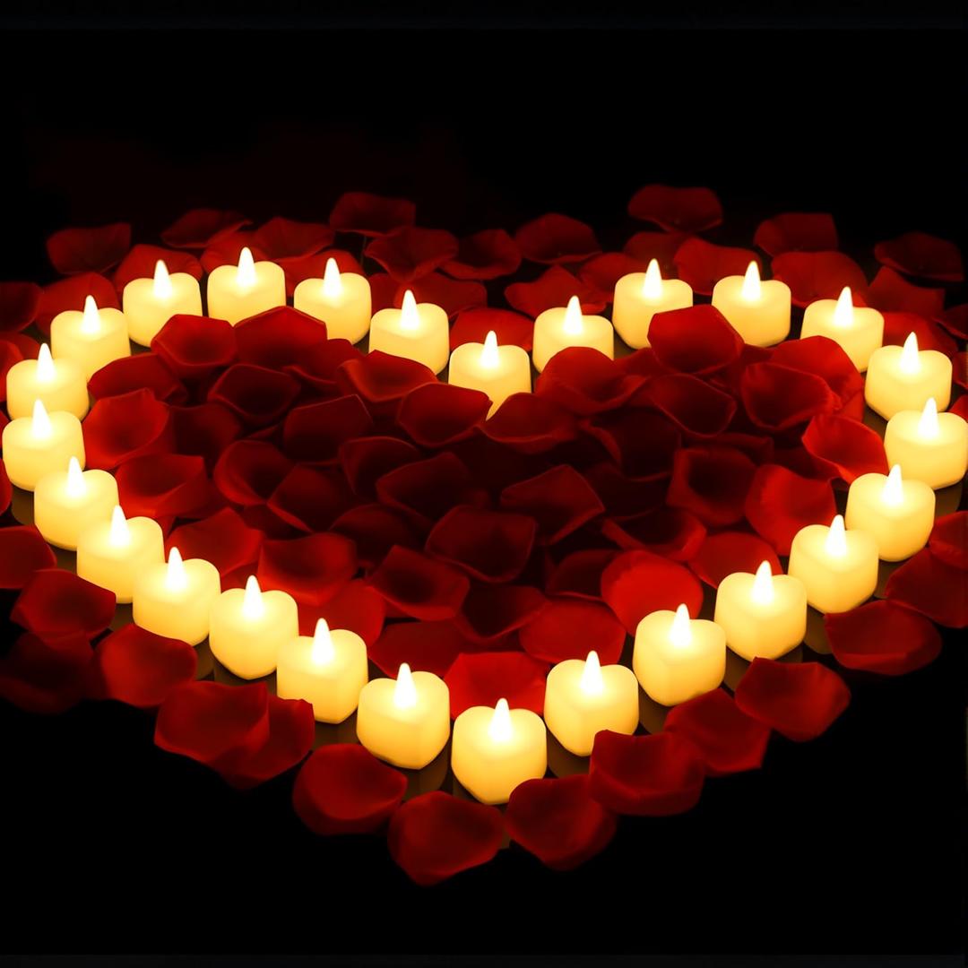 Honoson 1000 Pieces Artificial Rose Petals with 24 Pcs Flameless Heart Shaped LED Tealights Candles Special Romantic Night Decorations for Proposal Wedding Anniversary Table Decor(Yellow)