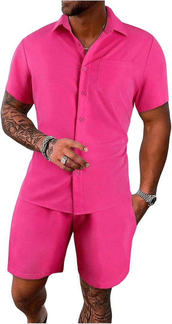 GORGLITTER Men's 2 Piece Outfits Short Sleeve Pocket Button Down Shirt and Drawstring Shorts Set (X-Large)