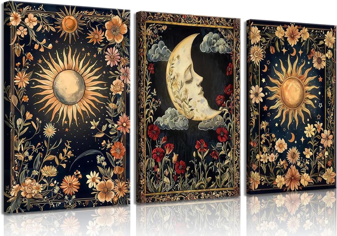 3pcs Celestial Sun and Moon Canvas Wall Art Crescent Moon Picture Botanical Wildflowers Painting Posters Astrology Gothic Print Aesthetic Artwork for Living Room Bedroom Decor 16x24in canvas (24L" x 16W")