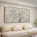 tigeridge Blooming Flower Tree Framed Wall Art - White Blossoms Green Leaves Canvas Pictures Wall Decor Soft Grey Painting Artwork Elegant Floral Prints Living Room Decor 40 x 20in, Natural Wood Frame