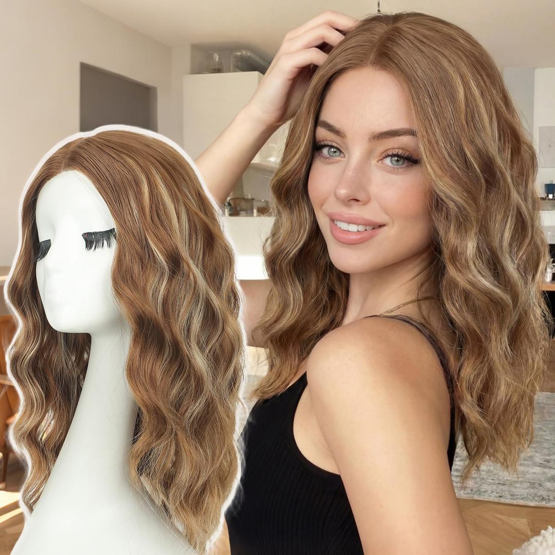 AISI HAIR 18 inch Caramel Highlight Brown Wig for Women Medium Length Wave Curly Glueless Synthetic Heat Resistant Hair Wigs for Daily Party Cosplay