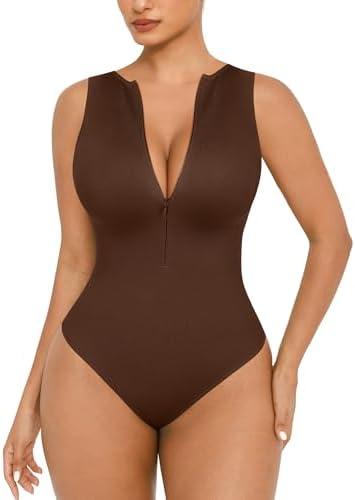 FeelinGirl Bodysuits for Women Seamless Body Suit Invisible Zip Up Crew Neck Slimming Ribbed Basic Tank Tops.XL