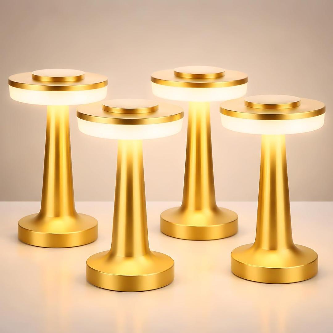 Riakrum 4 Pcs LED Portable Cordless Table Lamp with Touch Sensor 3 Color Stepless Dimming Rechargeable Battery up to 15 Hours Cordless Table Light Wireless Lamp for Nursery (Gold, Modern)