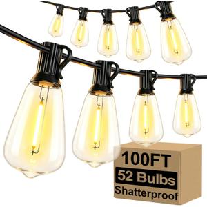 LED Outdoor String Lights 100FT Patio Lights with 52 Shatterproof ST38 Vintage Edison Bulbs, Outside Hanging Light Waterproof for Porch, Deck, Garden, Backyard, Balcony, 2700K Dimmable