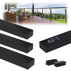 4Pack 4FT Stainless Steel T304 Black Handrail for Cable Railing with Nylon End Cap Kits, 2.36" W x 1.18" H Cuttable Flat Handrail Rectangular Top Rail for Stair Railing Indoor Outdoor