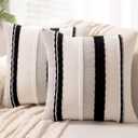 Boho Throw Pillow Covers 18x18 Set of 2 Farmhouse Decorative Cushion Case Striped Square Pillows Cover Chenille Pillow Cases Accent Neutral Pillowcase for Sofa Couch Bed, Black and White