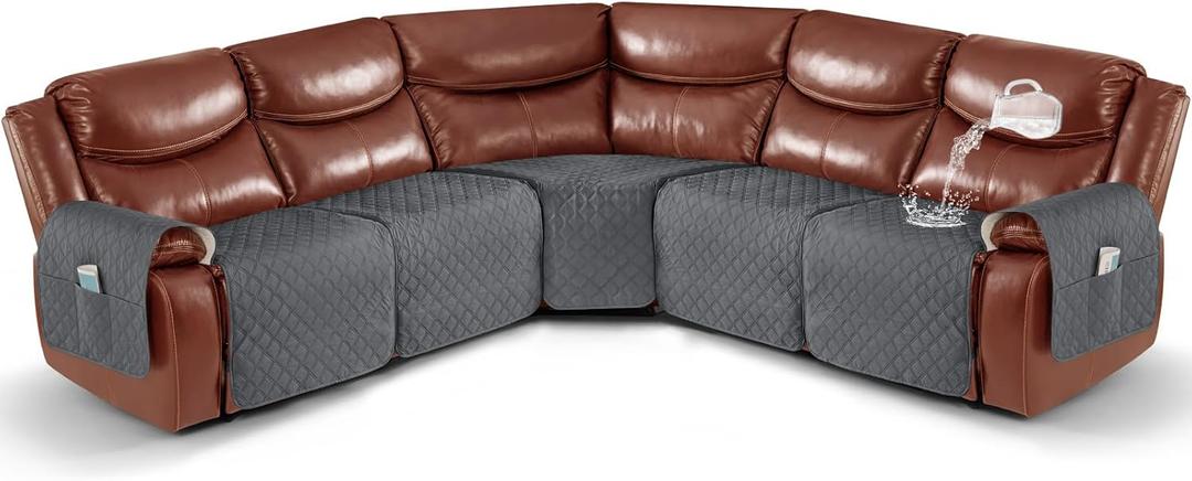 Ruaozz Extra Large Recliner Sectional Couch Covers, Waterproof Couch Cover for Reclining L Shape Sofa 5 Seat Reclining Sectional Couch Covers with Pockets (L Shape 5 Seat Recliner Cover Dark Grey)
