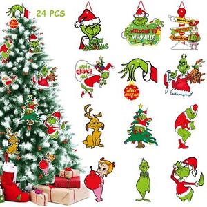 Griinch Ornaments for Christmas Tree Wood, Double-Sided Printing 24 Pcs Christmas Tree Decorations Hanging Ornaments for Tree Home Indoor Outdoor Decorations