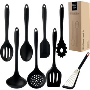 Silicone Kitchen Utensils Set, 8 PCS Heat Resistant Non Stick Cooking Tools, Silicone Spatula/Turner/Serving Spoon/Soup Ladle/Slotted Spoon/Pasta Server/Skimmer/Fish Spatula (Black)