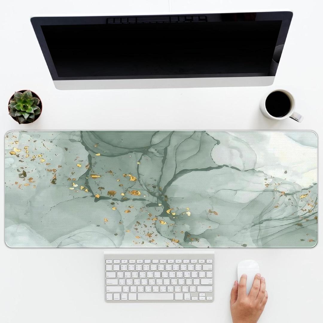 Green Marble Mouse Pad Sage Green Desk Mat, Gold Green Computer Mouse Pads for Desk Large Gaming Mouse Pad Mat, Green Abstract Computer Desk Mat Pad XL Marble Full Desk Computer Mat 31.5x11.8