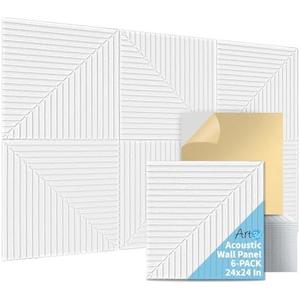 Art3d 6-Pack Self-Adhesive Acoustic Wall Panels for Home Décor, 24 x 24 Inch Soundproofing Panels for Office Studio Bedroom - High Noise Absorption Polyester Fiber, White