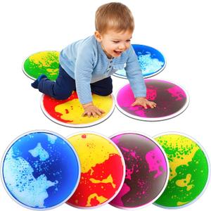 Sensory Floor Tiles for Kids Toddlers: 4 Pack Sensory Toys for Kids with Autism & ADHD, Round Liquid Play Mats for Lava Games, Gross Motor Skills- Sensory Room, Daycare Essentials, Preschool Must Have