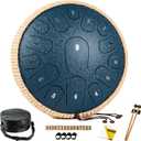 Steel Tongue Drum - 13 Inches 15 Notes Tongue Drum - Hand Pan Drum with Music Book, Handpan Drums Mallets and Carry Bag, D Major (Navy Blue)