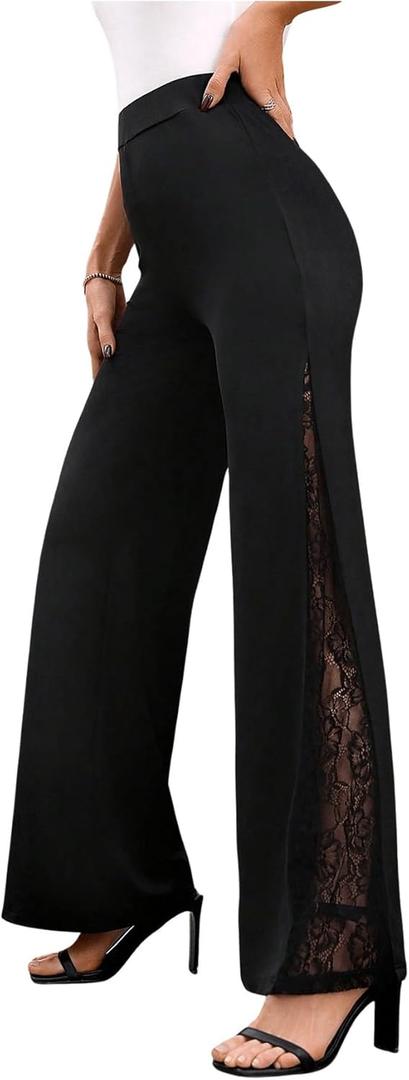 GORGLITTER Women's Lace Bell Pants Bottom Flare Flared Leg Elastic High Waist Casual Office Trousers (Black) S