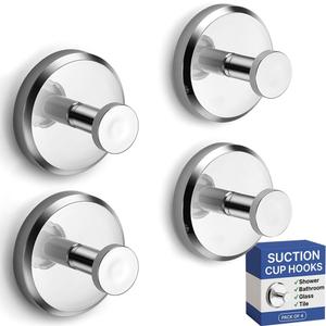 HOME SO Suction Cup Hooks for Shower & Bathroom Towel Holder 4-Pack Suction Cups Hooks for Hanging Towels, Robes, & Coats - Tiles, Glass Door or Mirror Shower Hooks & Towel Hooks Organizer, Chrome