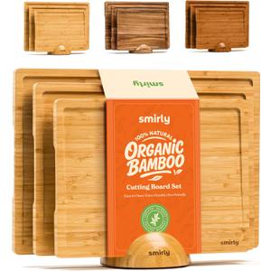 SMIRLY Wooden Cutting Boards For Kitchen Meal Prep & Serving - Bamboo Cutting Board Set with Holder, Charcuterie & Chopping Board, Wood Cutting Board Set, Kitchen Gadgets