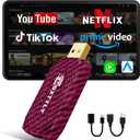 Mini Streaming Box for Netflix/YouTube/TikTok/Prime Video, Carplay Android Auto Wireless Adapter, Car Stream Dongle, for iPhone iOS10+ & Android 11.0+, for Cars with Wired CarPlay, Rose red