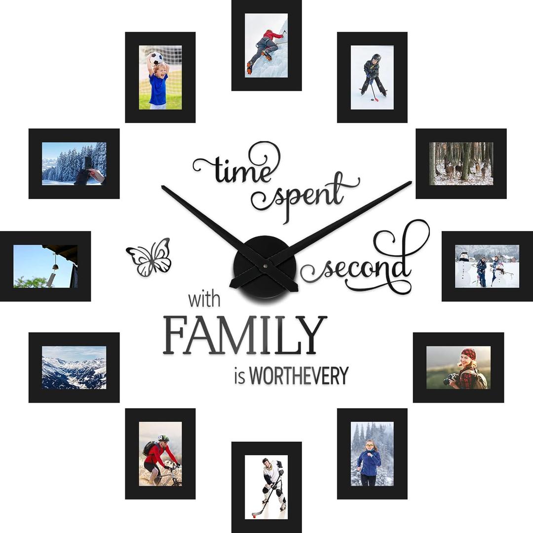 Sratte 3D Large Family Photo Clock Frame Wall Decor, 5 x 3.5 Inch Family Tree Decor, Paper Photo Frame DIY Clock Quote Wall Stickers Kit for Home Office Living Room Bedroom Mother's Day(Black)