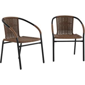 Flash Furniture Lila Modern Rattan Indoor/Outdoor Stackable Dining Chairs, Stacking Rattan Bistro Chairs for Patio or Restaurant, Set of 2, Brown