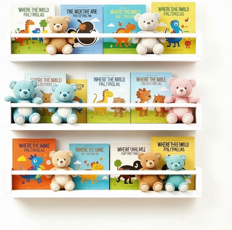 Set of 3 Kids Floating Bookshelves White  24 Inch Wall Mounted Nursery Book Shelves with Safety Rail  Ideal Storage & Display Shelf for Nursery, Bedroom, and Playroom
