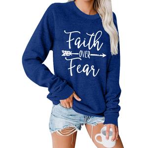 KNEYATTA Women Christian Sweatshirt Faith over Fear Shirt Christian Religious Crewneck Long Sleeve T-Shirt Deep Blue (Blue, XS)