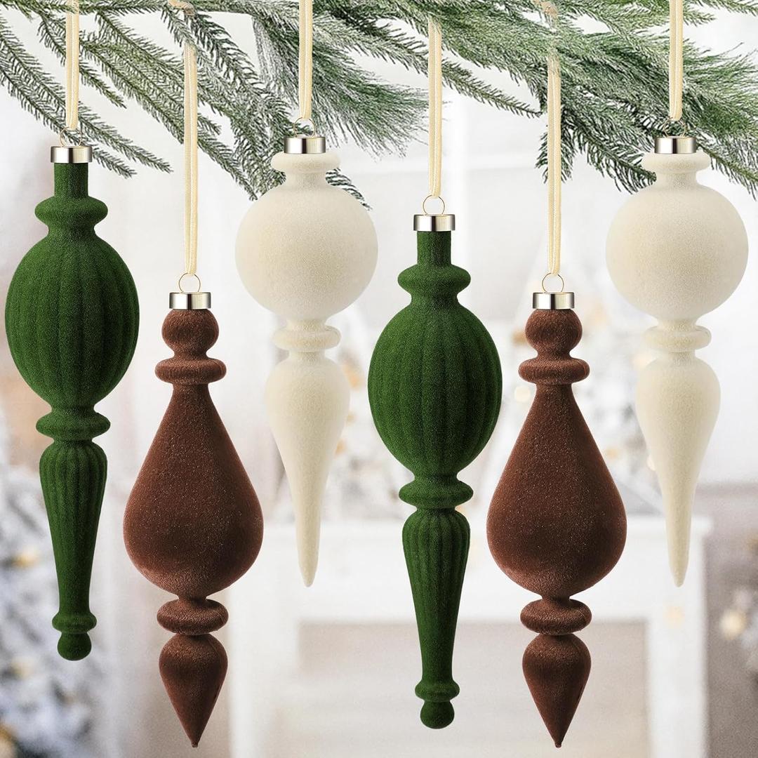 Jetec 6 Pcs Green Brown Velvet Christmas Finial Ornament Flocked Xmas Tree Hanging Decoration Plastic Velvet Christmas Ornaments with 3 Styles for Xmas Tree Holiday Home Party Decoration