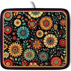 Bohemian Style Flowers Drying Pad Boho Floral Dish Drying Mat for Kitchen Counter Absorbent Microfiber Drainer Rack Mat (18" x 16")