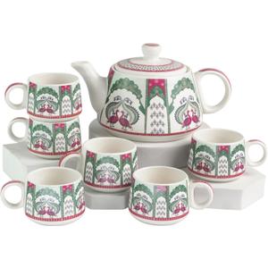 Porcelain Tea Set with 6 Cups and Teapot  Handmade Ceramic Gift Set for Women & Adults, Safe for Microwave and Dishwasher, Beautiful Design, Perfect for Tea Parties and Home Decor (Double Peacock)