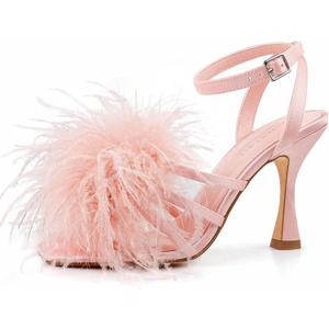 BCTEX COLL Women's Heeled Sandals Fluffy Feather Square Open Toe Ankle Strap Sexy Stiletto High Heels for Wedding Party Dance Evening (8, Pink)