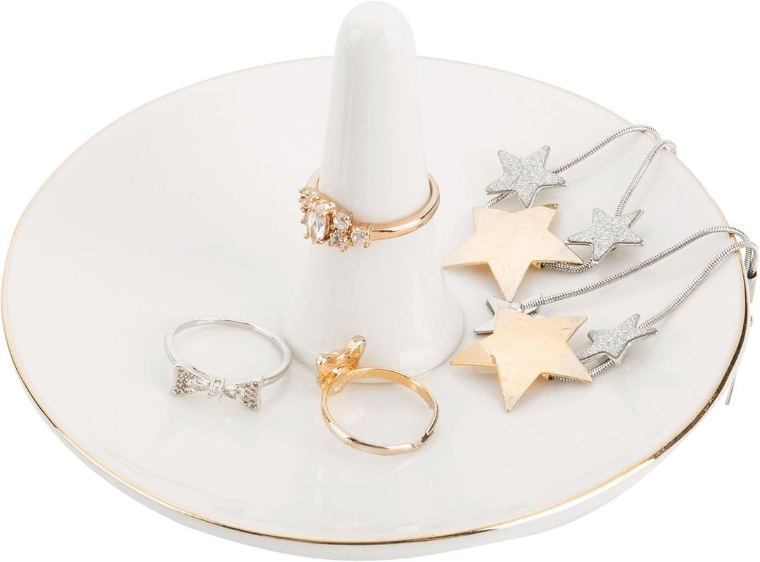 MyGift White Ceramic Ring Dish Holder, Jewelry Engagement Ring Holder, Trinket Tray with Gold Trim