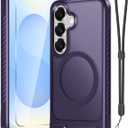 RMOCR for Samsung Galaxy S25 Case with Screen Protector+Lanyard Wrist Strap,Magnetic Translucent Matte Rugged Slim Phone Cover Built in Invisible Kickstand [Fit for MagSafe],2025 Purple